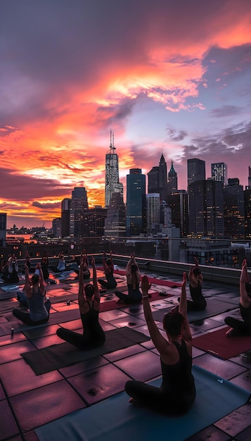 a group of people doing yoga in front of a city skyline