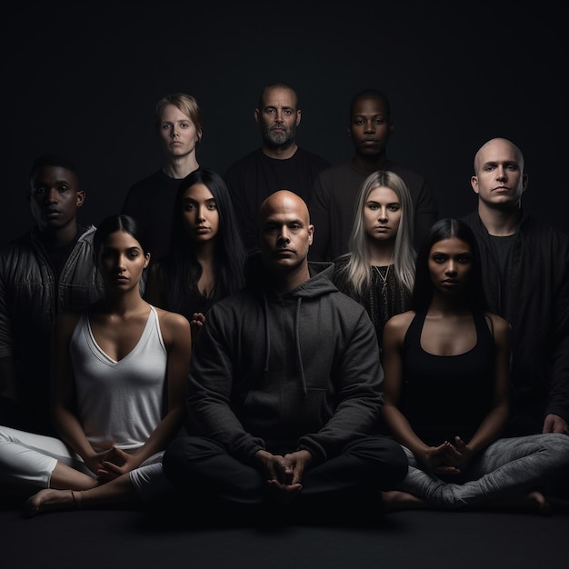 group of people doing yoga and meditation in front of black color wall yoga studio class