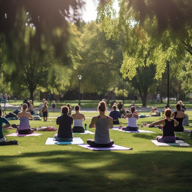 A group of people doing yoga in a park