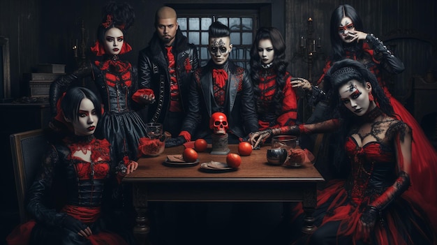 Photo a group of people dressed as vampires and witches posing together on a couch day of the dead coupl