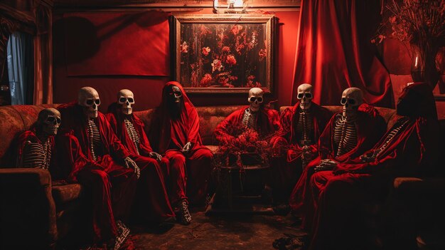 Photo a group of people dressed as vampires and witches posing together on a couch day of the dead coupl