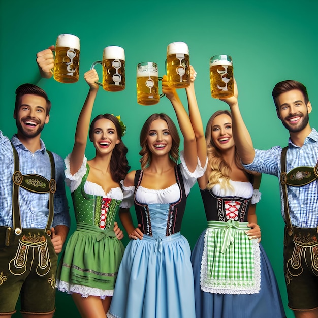 Photo a group of people dressed in dirndls and lederhosen raising their beer mugs in a toast isolated on