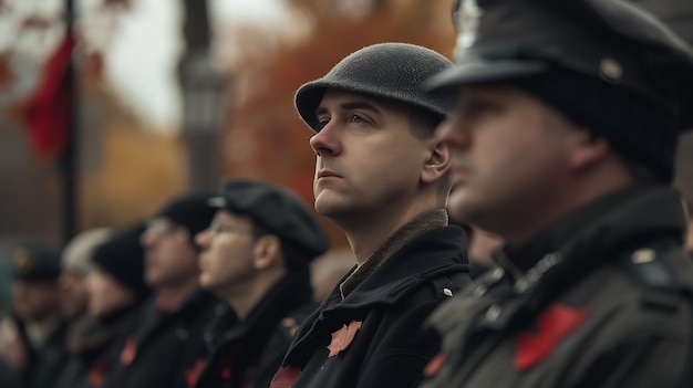 A group of people dressed in military uniforms are standing in a row They are looking off into the distance and their faces are somber