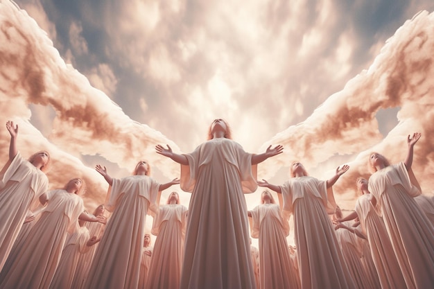 A group of people dressed in white standing in front of a cloudy sky Generative AI image