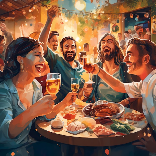 Group of people drinking beer at brewery pub restaurant Happy friends Generative AI
