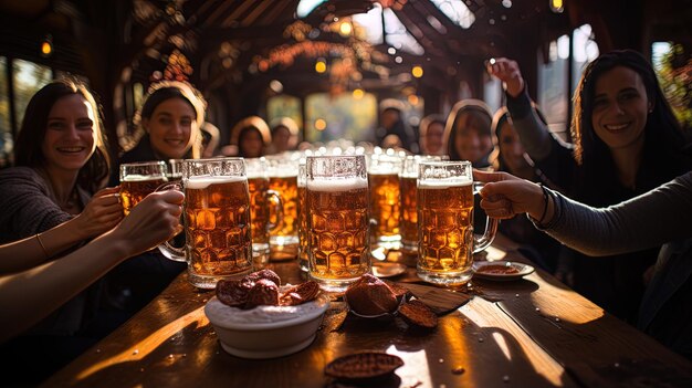 Photo a group of people drinking beer at a table with a group of people in the background