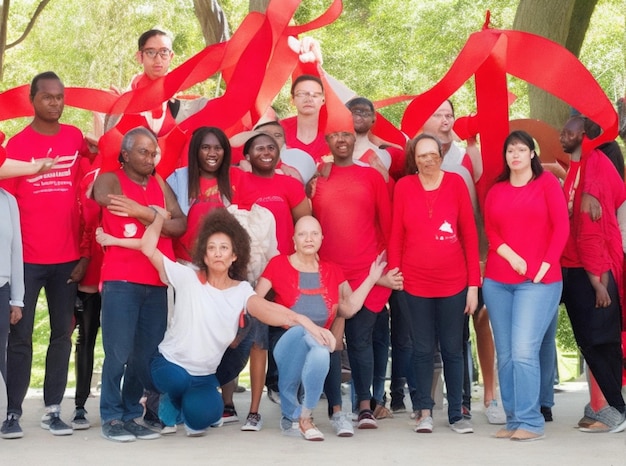 A group of people each wearing a red ribbon standing in a circle representing the solidarity