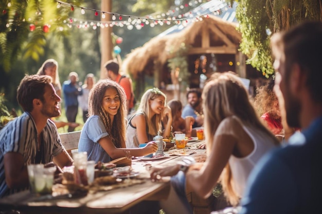 Group of people eating food at a restaurant, one of which has the word " on it.