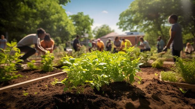 多様な植物に囲まれてガーデニング活動に取り組む人々のグループ