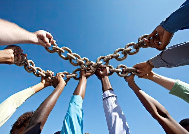 A group of people engaged in a teambuilding activity forming a human chain The camera angle is a