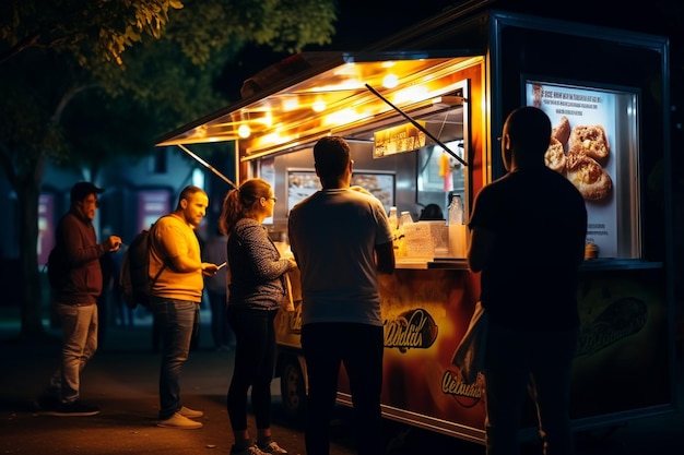 Photo a group of people enjoying a latenight snack of french fries at a food truck