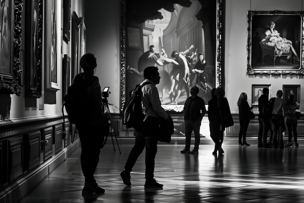 Group of people at exhibition in a museum back view Black and white illustration