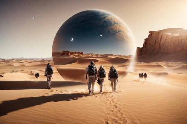 Group of People Exploring an Arid Desert Landscape in the Sky
