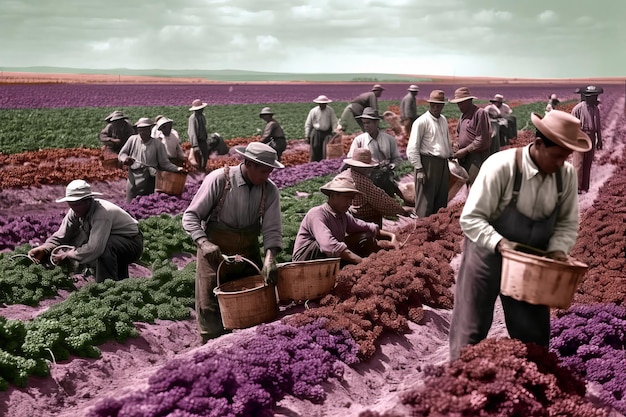 Photo a group of people in a field with purple flowers.