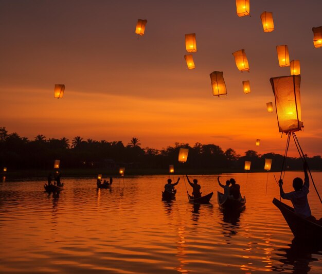 A group of people floating on a boat with paper lanterns floating in the water.