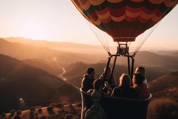 A group of people flying a hot air balloon over a mountain at sunset.