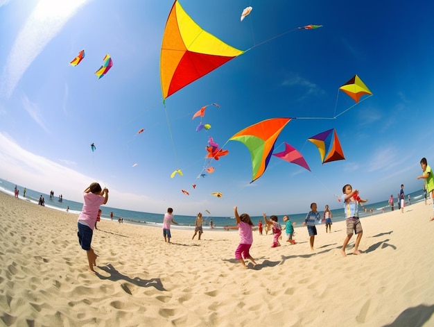 A group of people flying kites on a beach.