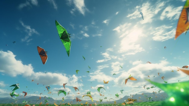 Group of People Flying Kites in a Field St Patricks Day