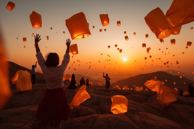 A group of people flying lanterns into the sky