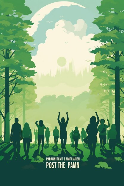 a group of people in a forest with trees and the sun in the background.