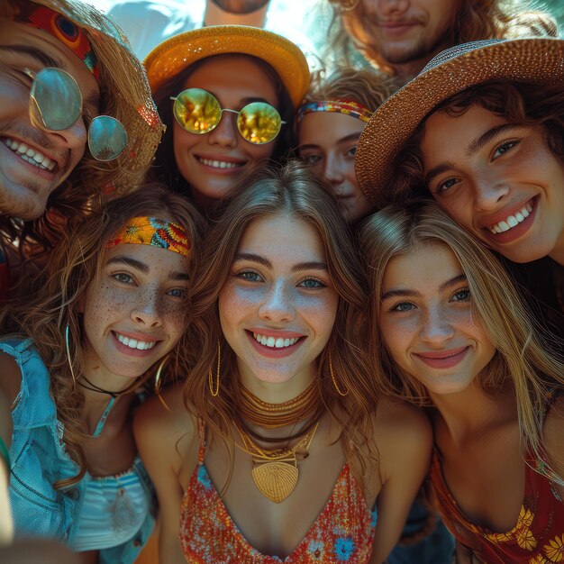 Foto gruppo di persone amici in piedi in cerchio e sorridendo primo piano estremo ai generativa