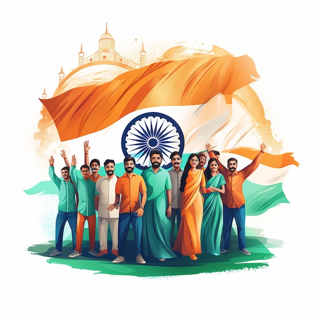 Группа людей всех религий с индийским национальным флагом и памятником Дня Республики Независимости