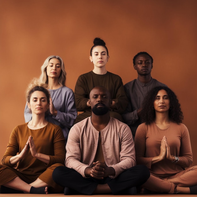 Foto gruppo di persone di diverse origini etniche che fanno yoga e meditazione insieme