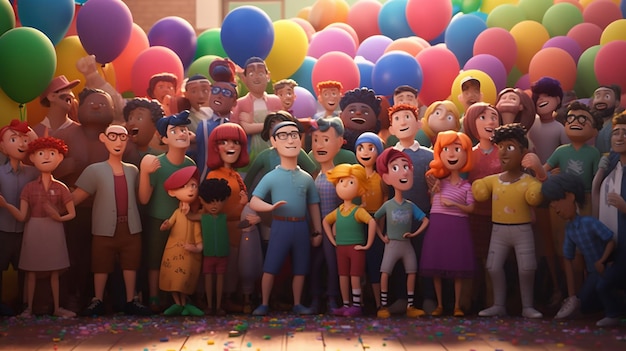 A group of people in front of balloons and one of them is from the animated movie the animated series.