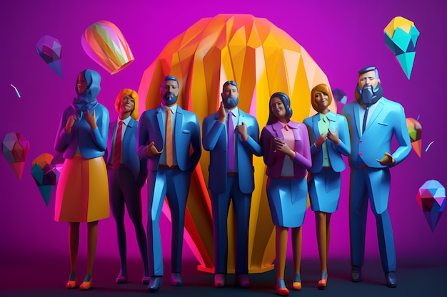 A group of people in front of a bright purple background.