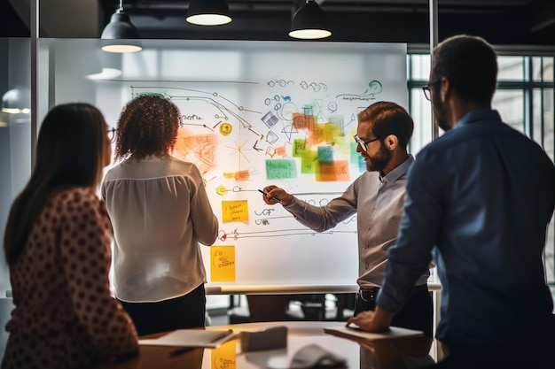 A group of people in front of a whiteboard with the word cloud on it.