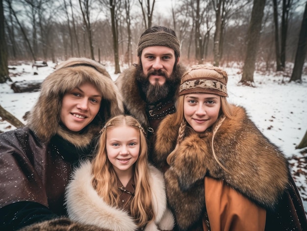 a group of people in fur coats in a snowy forest