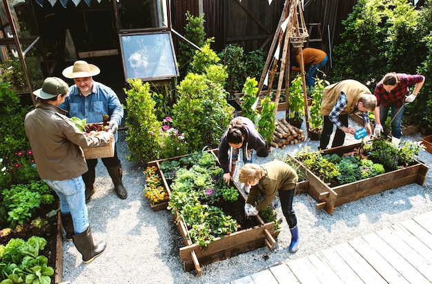 Group of people gardening backyard together