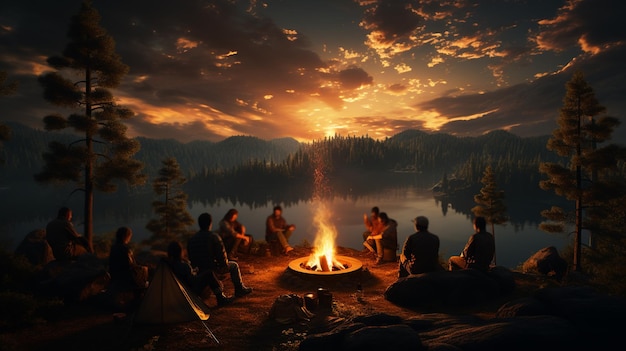 Photo group of people gathered around a bonfire generative ai