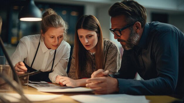 テーブル上のアイテムの周りに集まった人々のグループ 集中して熱心な教師の日