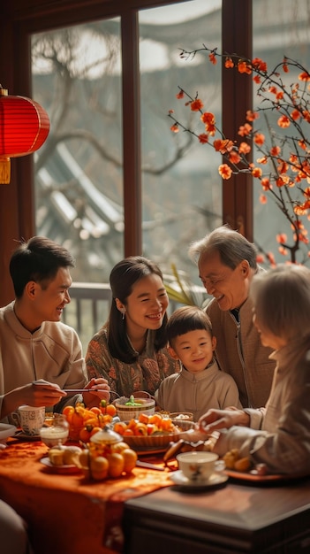 Photo group of people gathered around a table with food