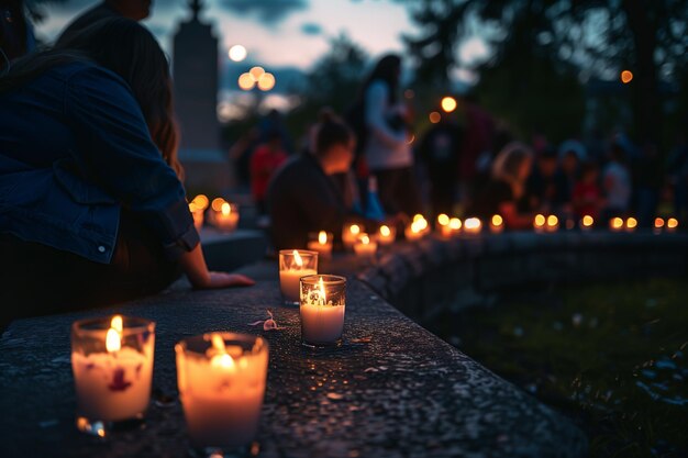 Photo a group of people gathered around a war memorial holding candles and paying their respects