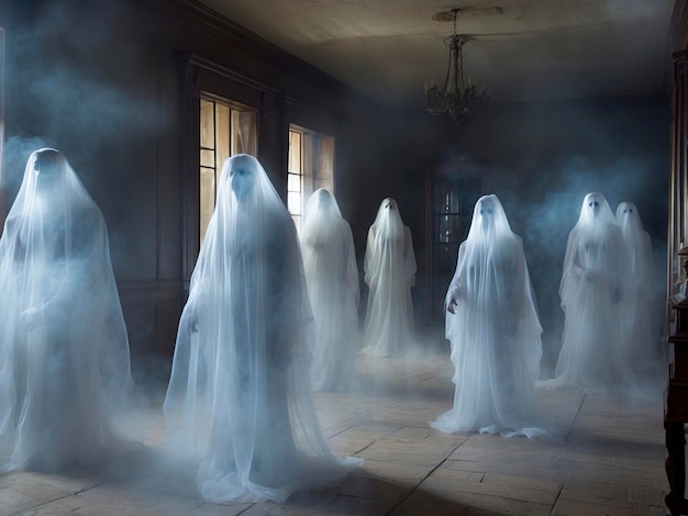 幽霊の衣装を着た人々のグループが煙が出ている部屋に立っている