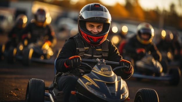 Group of people go karting on the race track at sunset