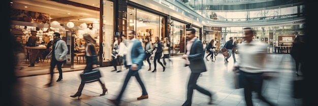 Group of people go shopping in fast movement in a mall