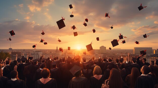 a group of people in graduation gowns throwing caps in the air