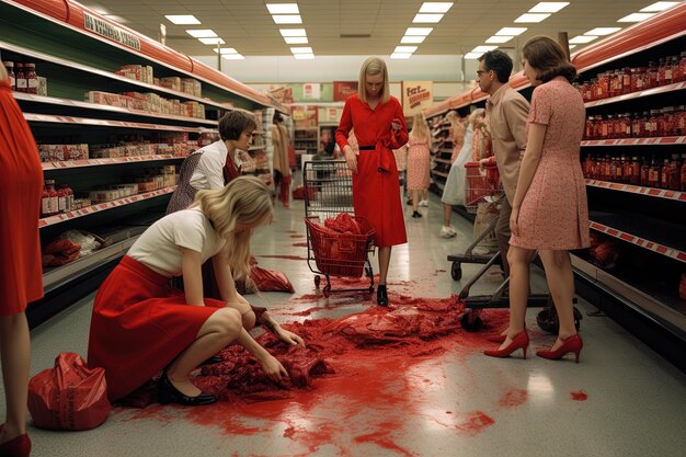 a group of people in a grocery store with a red cloth on the floor