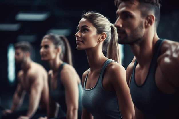 a group of people in a gym with one of them wearing a black tank top