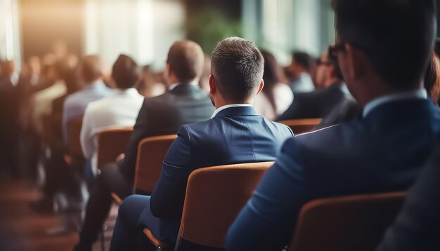 A group of people in the hall are listening to a speech business concept