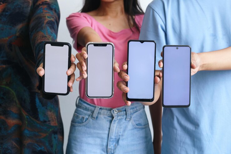 Photo group of people hands holding smartphone for mockup and advertisement