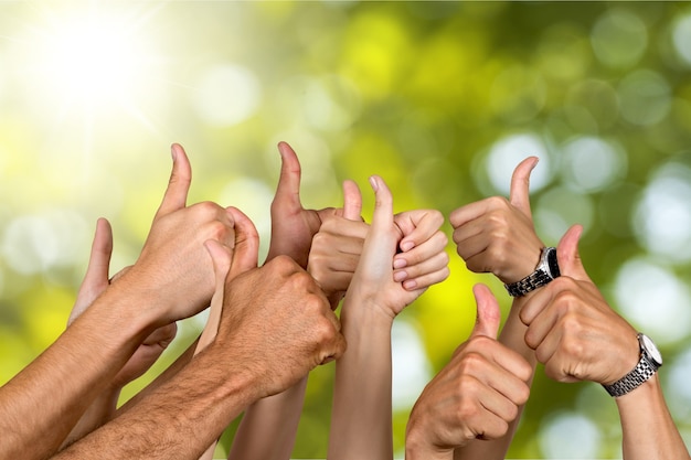 Group of people hands showing thumbs up signs on green background