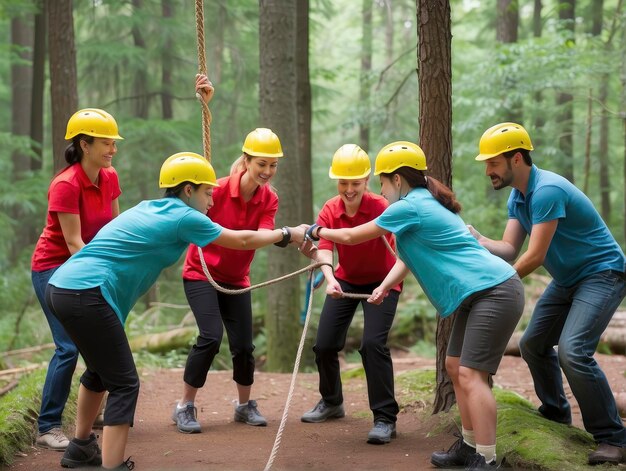 Foto un gruppo di persone con cappelli rigidi che tirano una corda in una foresta