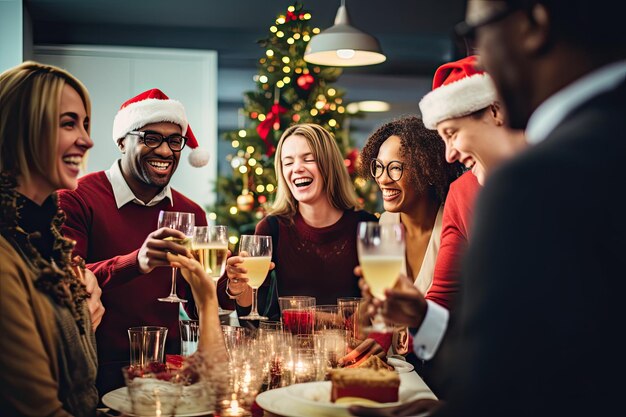 Photo a group of people having a christmas party at the same time all smiling and drinking champagne in their glasses