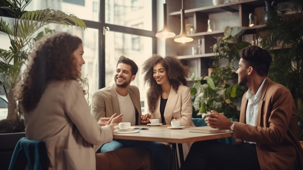 Photo group of people having a conversation in a cafe.