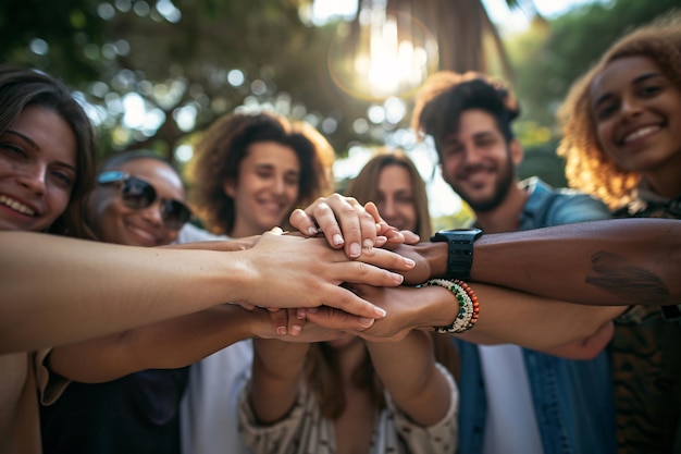 Gruppo di persone che danno il cinque all'aperto