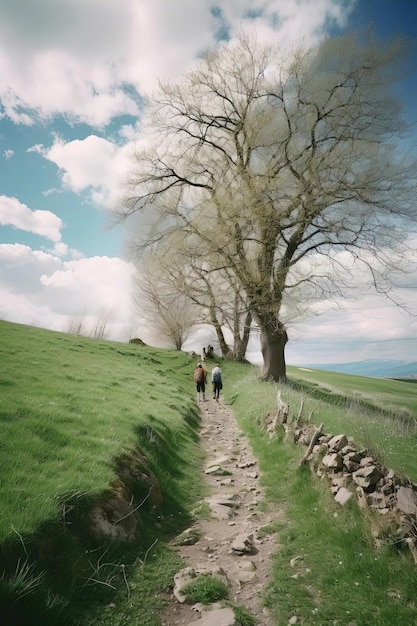 a group of people hiking down an old path in spring time